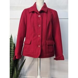 Chicos Full Button Collared Jacket Red Poly Blend Pockets Size 1 M Long Sleeve